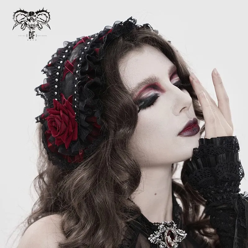 Gothic-Haarschmuck für Damen mit Rosenmuster, Rüschen und Spitze, Schwarz-Rot