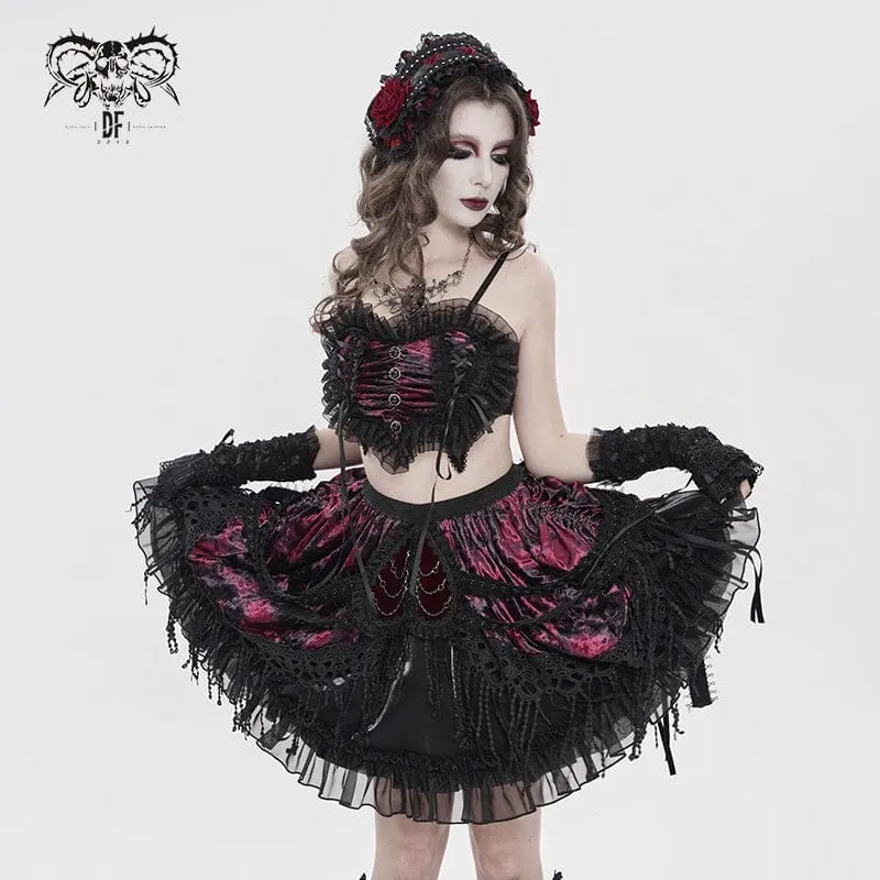 Gothic-Haarschmuck für Damen mit Rosenmuster, Rüschen und Spitze, Schwarz-Rot
