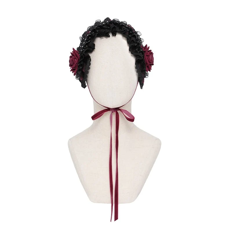 Gothic-Haarschmuck für Damen mit Rosenmuster, Rüschen und Spitze, Schwarz-Rot