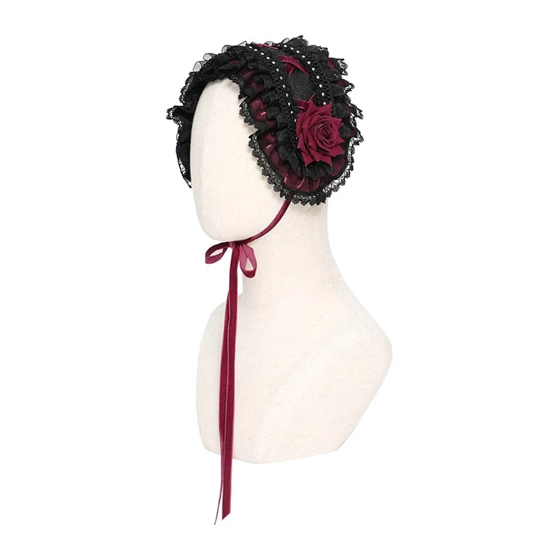 Gothic-Haarschmuck für Damen mit Rosenmuster, Rüschen und Spitze, Schwarz-Rot
