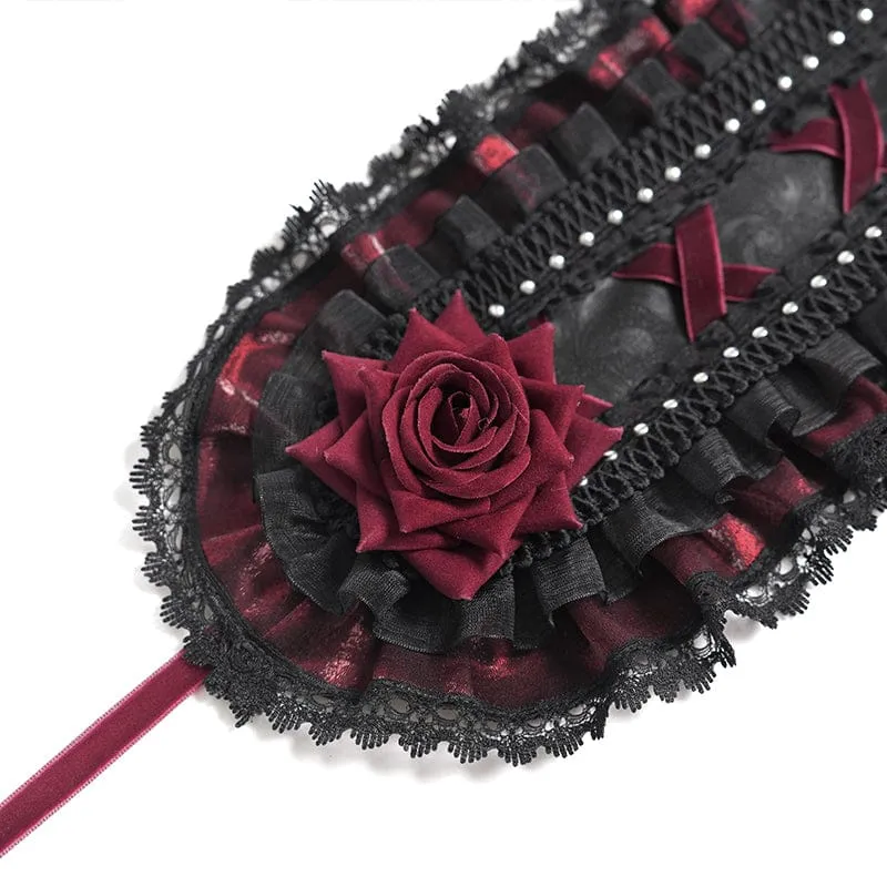 Gothic-Haarschmuck für Damen mit Rosenmuster, Rüschen und Spitze, Schwarz-Rot