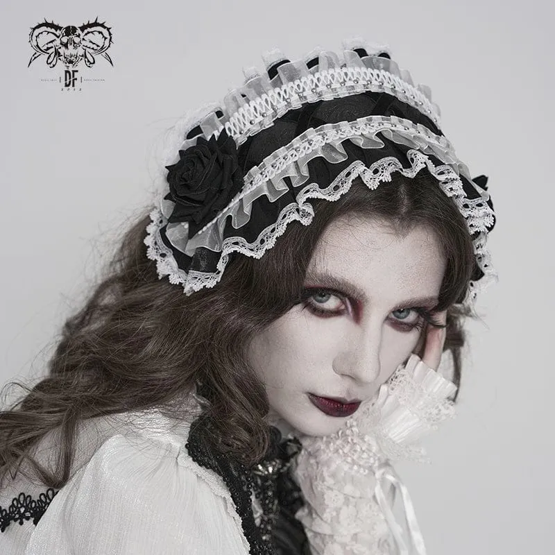 Gothic-Haarschmuck für Damen mit Rosenmuster, Rüschen und Spitze, Schwarz-Weiß