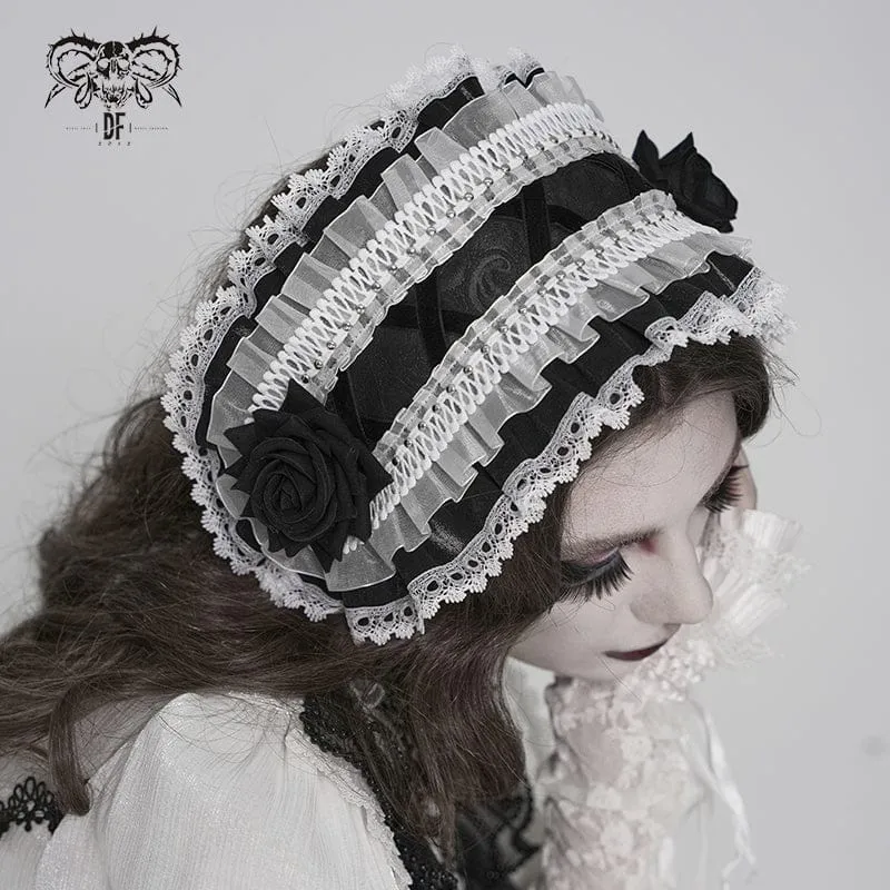 Gothic-Haarschmuck für Damen mit Rosenmuster, Rüschen und Spitze, Schwarz-Weiß