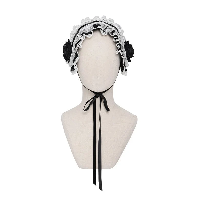 Gothic-Haarschmuck für Damen mit Rosenmuster, Rüschen und Spitze, Schwarz-Weiß