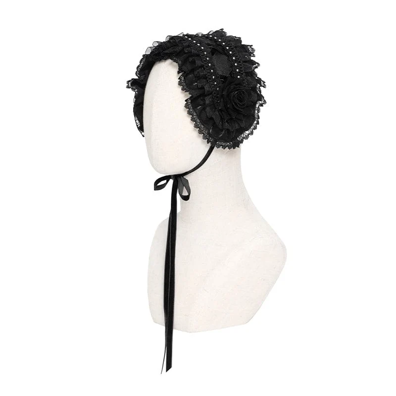 Gothic-Haarschmuck für Damen mit Rosenmuster, Spitze und Rüschen, Schwarz