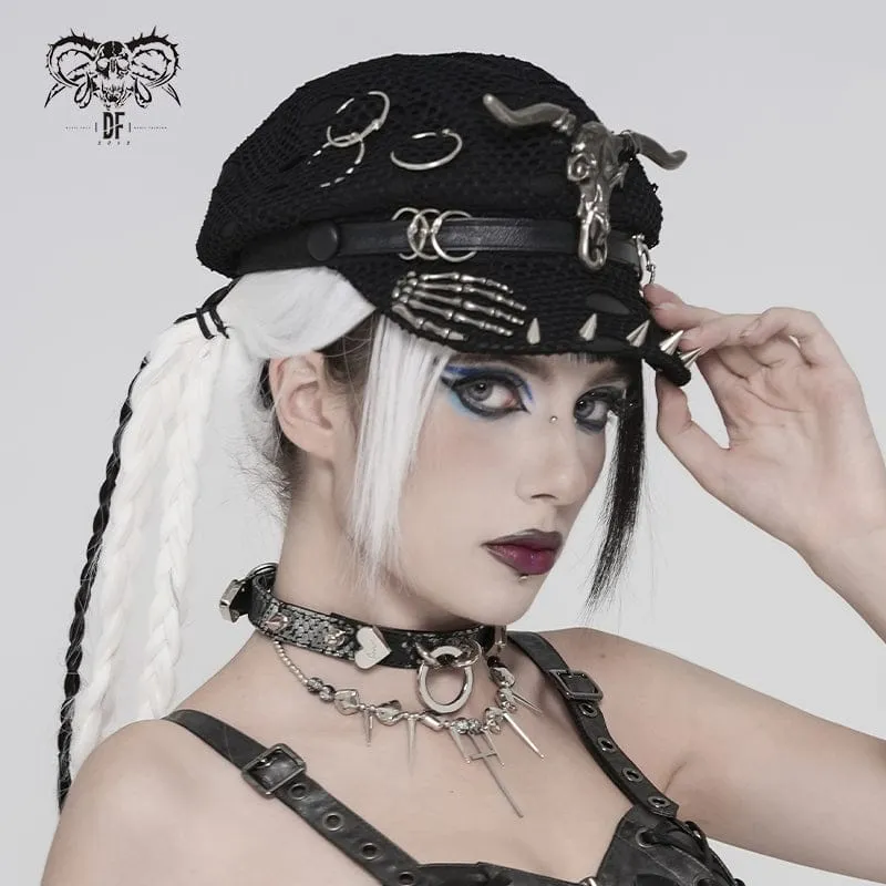 Punk-Hut für Damen mit Ziegenschädel-Skelett-Motiv und handbesetzten Nieten