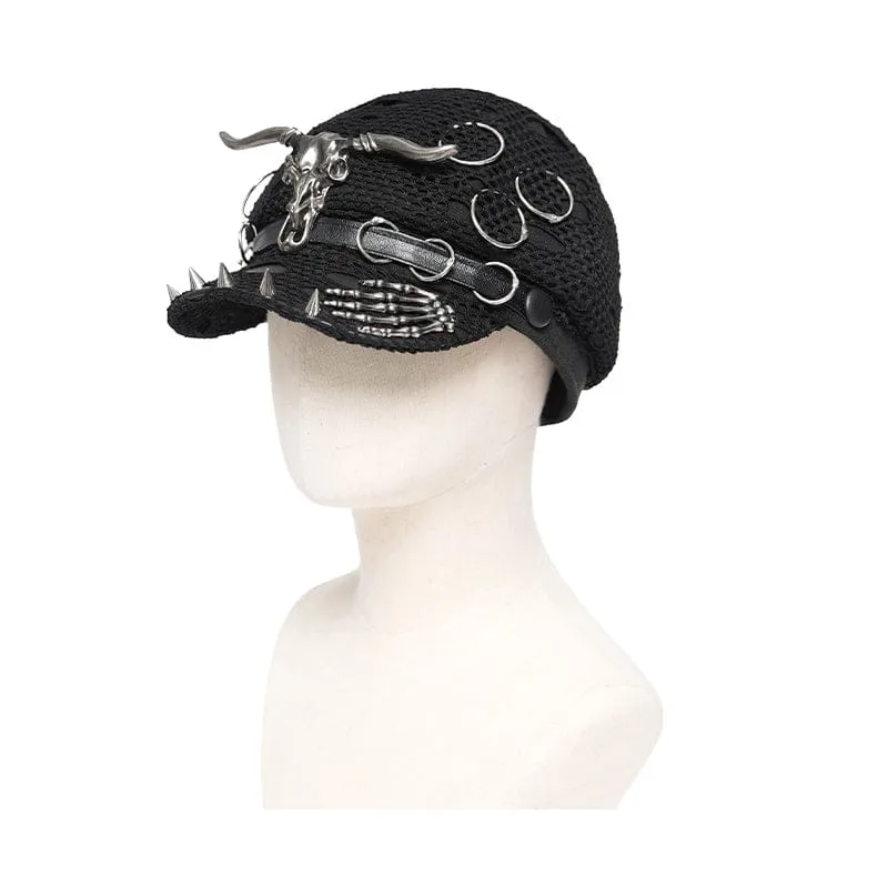 Punk-Hut für Damen mit Ziegenschädel-Skelett-Motiv und handbesetzten Nieten