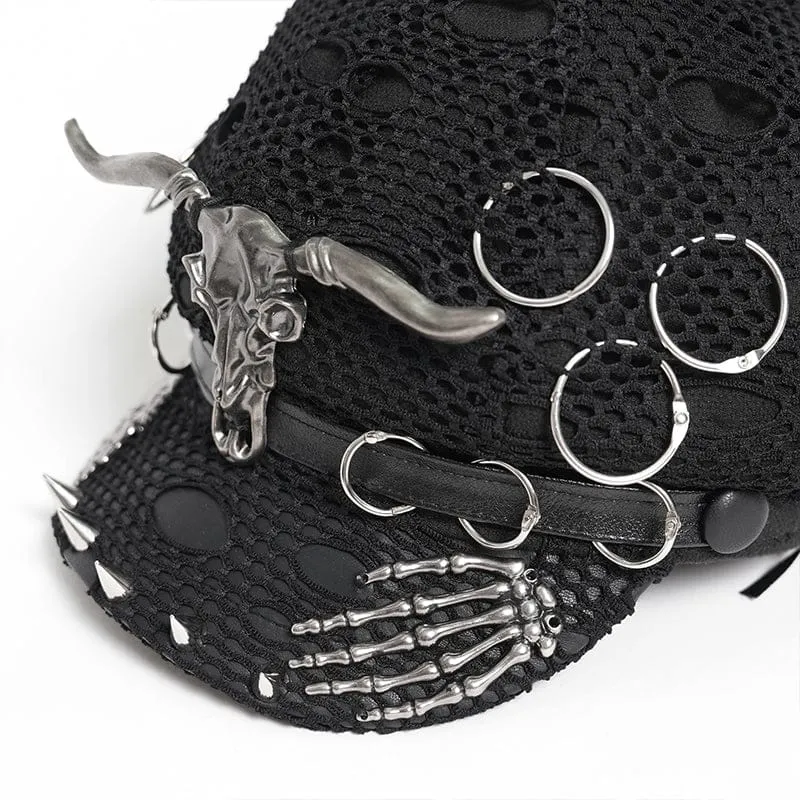 Punk-Hut für Damen mit Ziegenschädel-Skelett-Motiv und handbesetzten Nieten