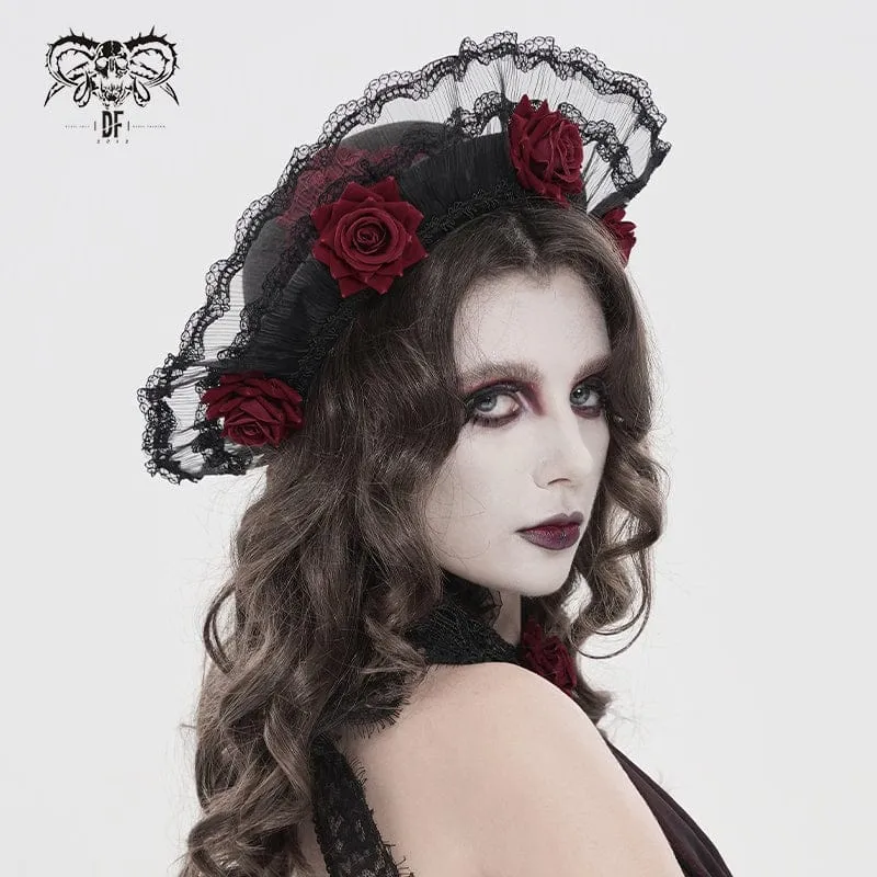Gothic-Hut mit Rosenmuster und Spitze für Damen