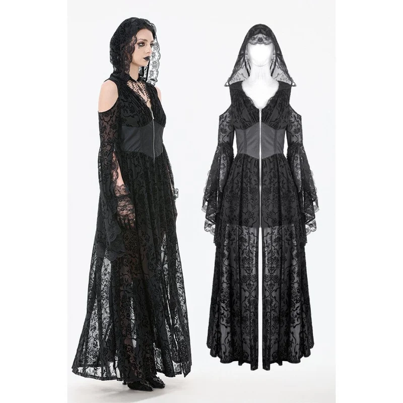 Gothic-Maxikleid mit schulterfreiem, ausgestelltem Ärmel und Kapuze für Damen, Schwarz