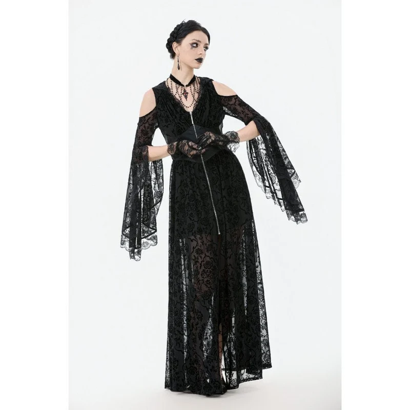 Gothic-Maxikleid mit schulterfreiem, ausgestelltem Ärmel und Kapuze für Damen, Schwarz