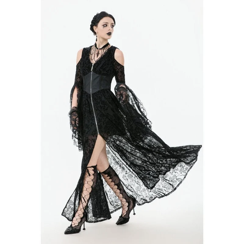 Gothic-Maxikleid mit schulterfreiem, ausgestelltem Ärmel und Kapuze für Damen, Schwarz