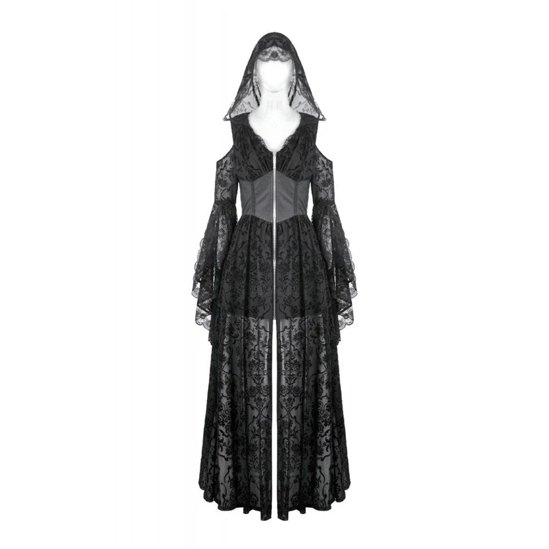 Gothic-Maxikleid mit schulterfreiem, ausgestelltem Ärmel und Kapuze für Damen, Schwarz