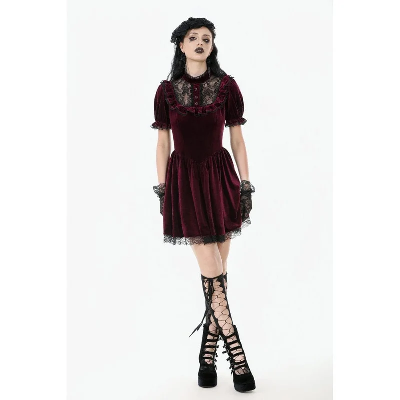 Gothic Lolita Damenkleid aus Samt mit Puffärmeln und Spitze, Abschlusskleid