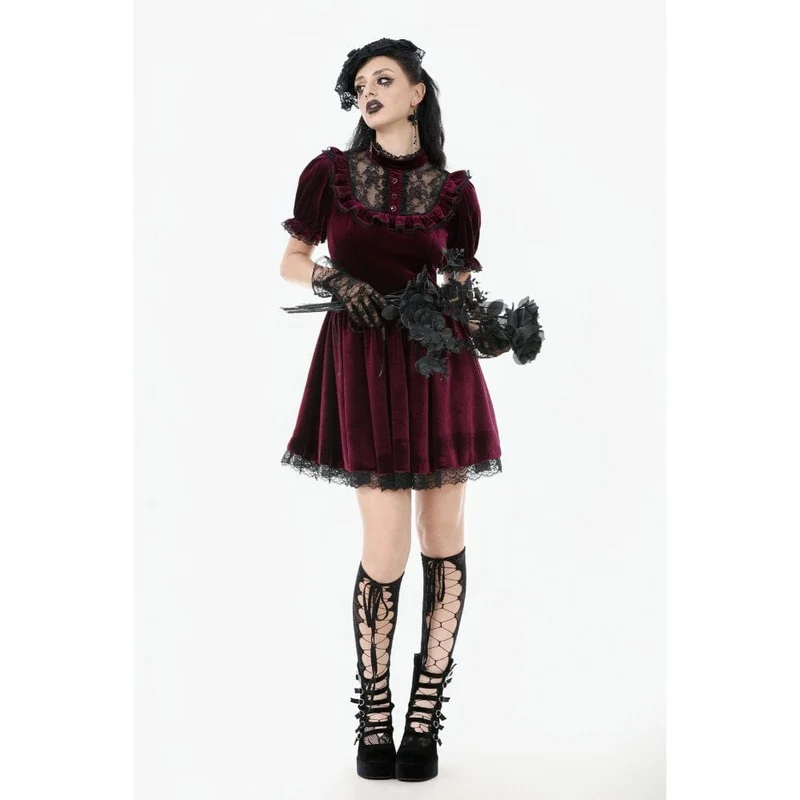 Gothic Lolita Damenkleid aus Samt mit Puffärmeln und Spitze, Abschlusskleid