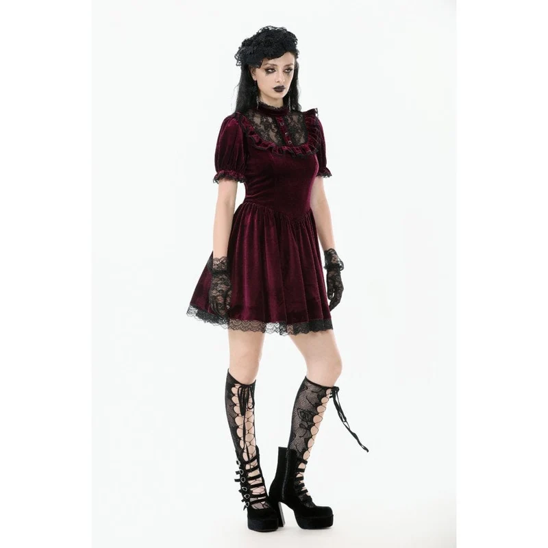 Gothic Lolita Damenkleid aus Samt mit Puffärmeln und Spitze, Abschlusskleid