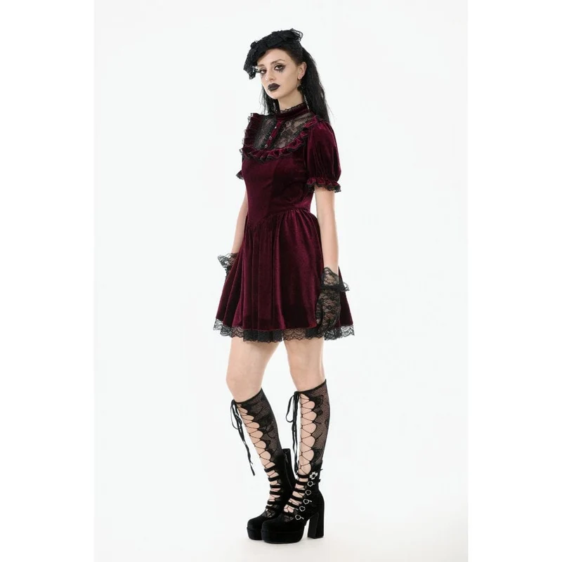 Gothic Lolita Damenkleid aus Samt mit Puffärmeln und Spitze, Abschlusskleid