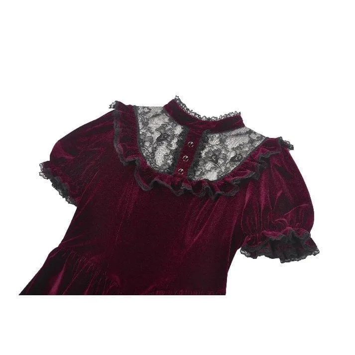 Gothic Lolita Damenkleid aus Samt mit Puffärmeln und Spitze, Abschlusskleid