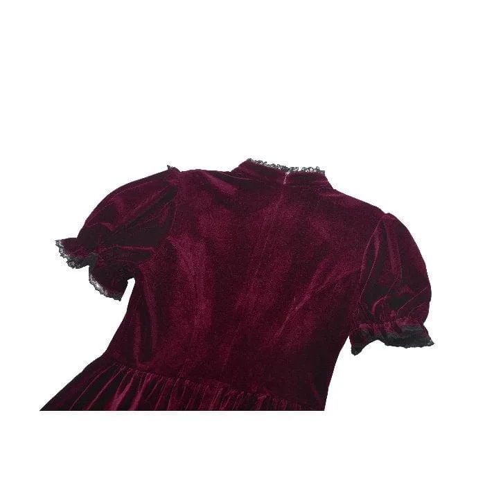 Gothic Lolita Damenkleid aus Samt mit Puffärmeln und Spitze, Abschlusskleid