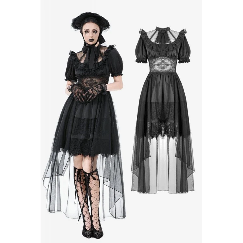 Gothic-Chiffonkleid für Damen mit Puffärmeln, asymmetrischem Saum und mehreren Lagen – Hochzeitskleid