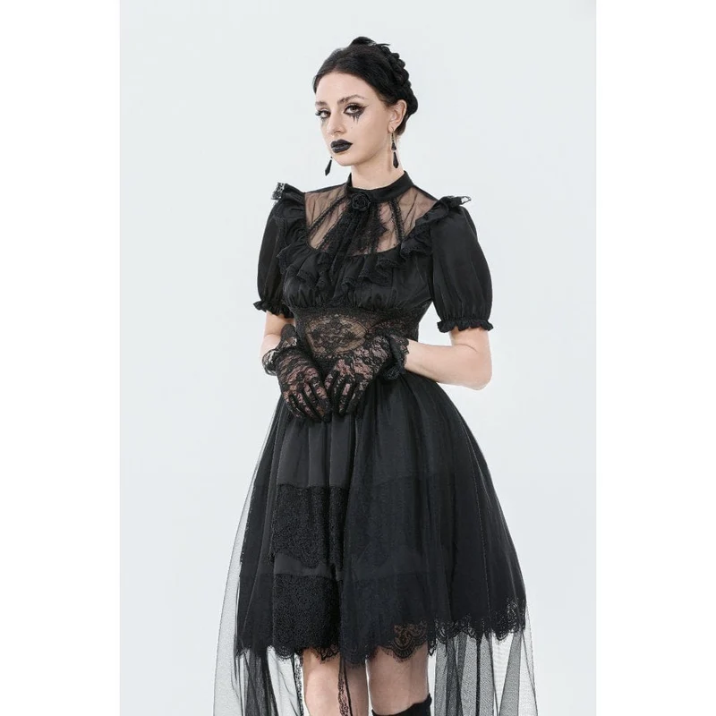 Gothic-Chiffonkleid für Damen mit Puffärmeln, asymmetrischem Saum und mehreren Lagen – Hochzeitskleid