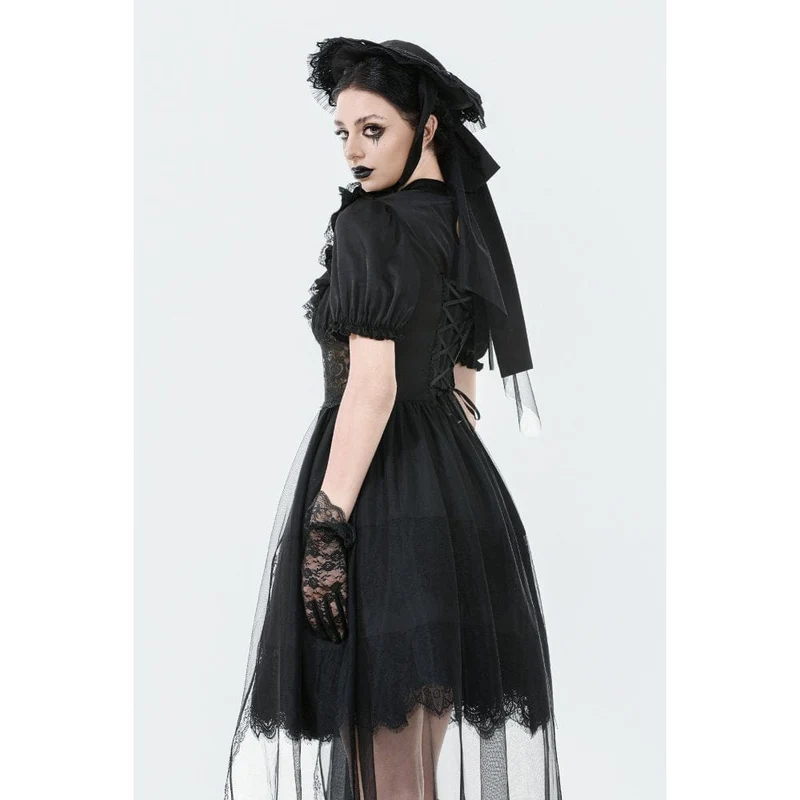 Gothic-Chiffonkleid für Damen mit Puffärmeln, asymmetrischem Saum und mehreren Lagen – Hochzeitskleid