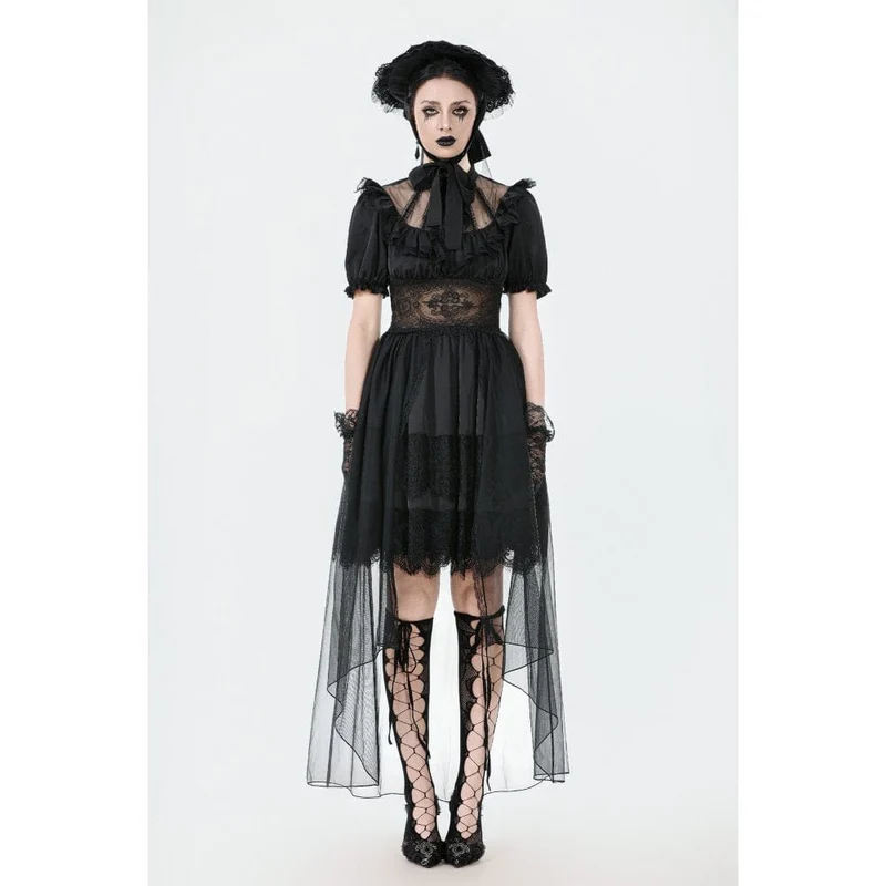 Gothic-Chiffonkleid für Damen mit Puffärmeln, asymmetrischem Saum und mehreren Lagen – Hochzeitskleid
