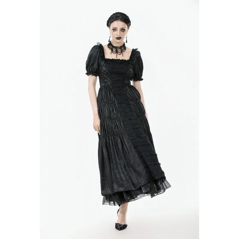 Gothic-Brautkleid für Damen mit gerafftem, eckigem Kragen, Puffärmeln und kurzen Ärmeln