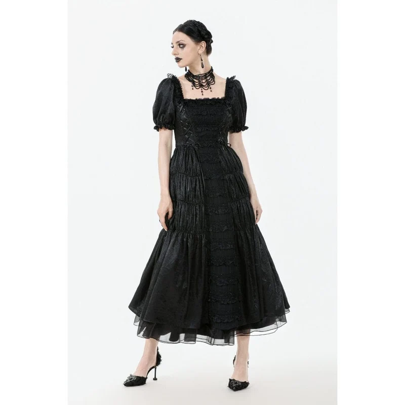 Gothic-Brautkleid für Damen mit gerafftem, eckigem Kragen, Puffärmeln und kurzen Ärmeln