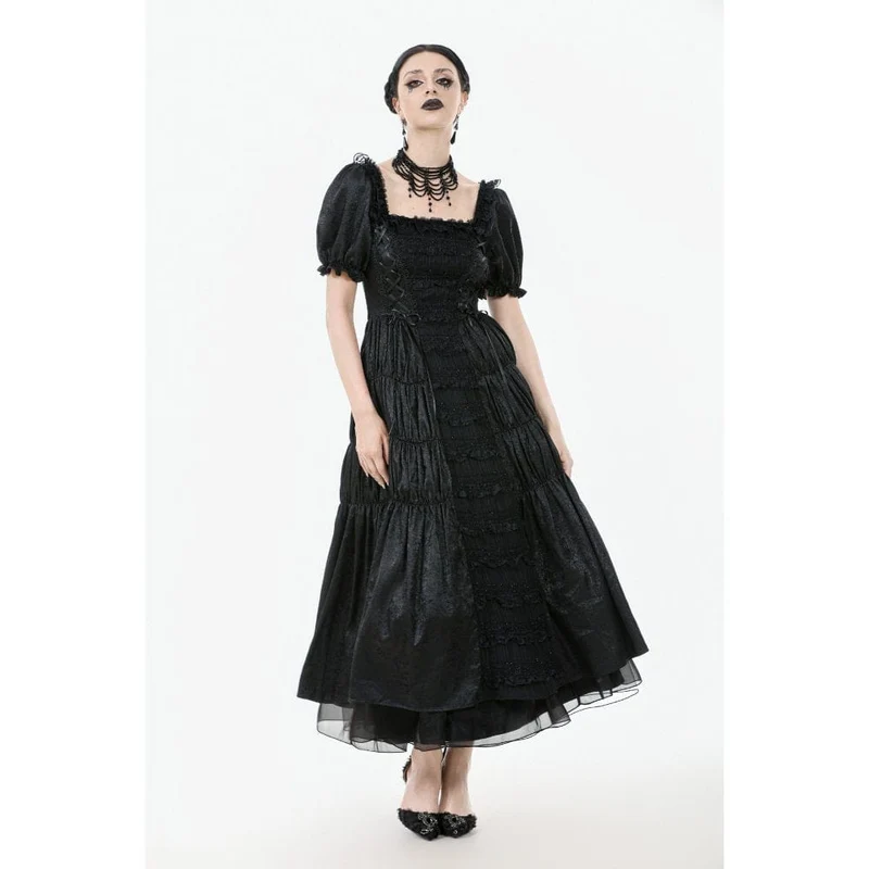 Gothic-Brautkleid für Damen mit gerafftem, eckigem Kragen, Puffärmeln und kurzen Ärmeln