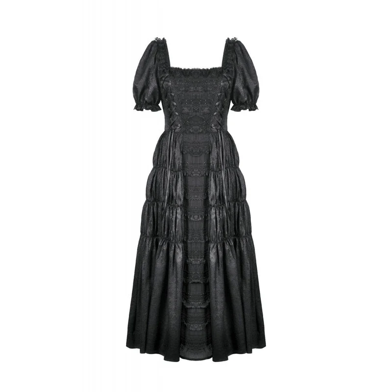 Gothic-Brautkleid für Damen mit gerafftem, eckigem Kragen, Puffärmeln und kurzen Ärmeln