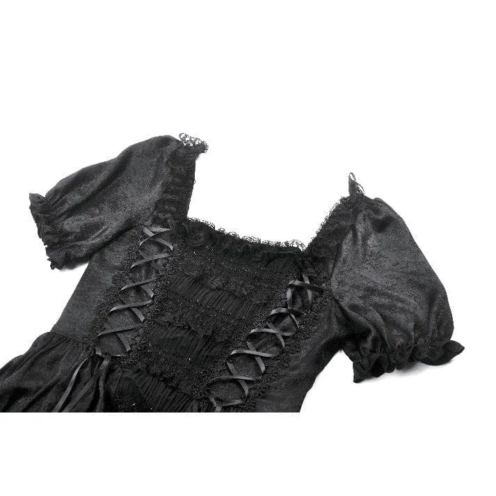 Gothic-Brautkleid für Damen mit gerafftem, eckigem Kragen, Puffärmeln und kurzen Ärmeln