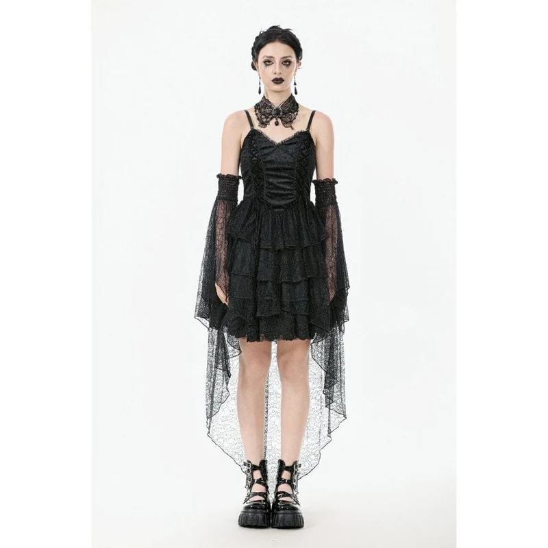 Gothic-Damenkleid mit mehreren Lagen aus Spitze und Meerjungfrauenschnitt, Abschlusskleid