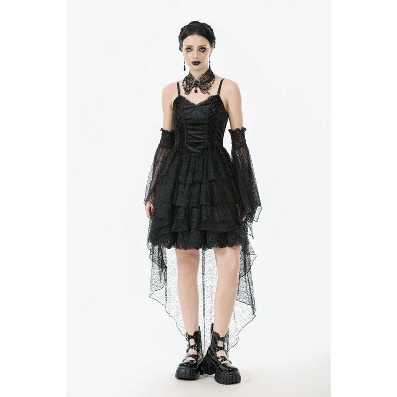 Gothic-Damenkleid mit mehreren Lagen aus Spitze und Meerjungfrauenschnitt, Abschlusskleid