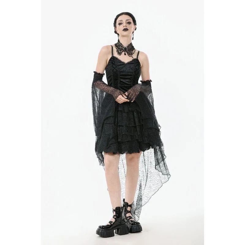 Gothic-Damenkleid mit mehreren Lagen aus Spitze und Meerjungfrauenschnitt, Abschlusskleid
