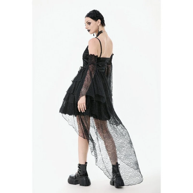 Gothic-Damenkleid mit mehreren Lagen aus Spitze und Meerjungfrauenschnitt, Abschlusskleid