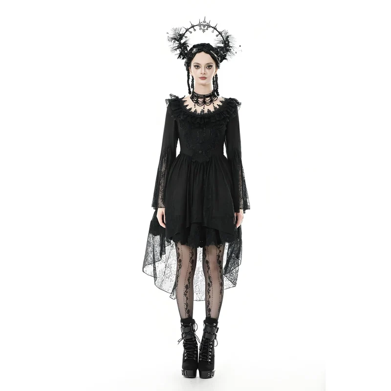 Gothic-Kleid mit Spitze, Rüschenkragen und ausgestellten Ärmeln für Damen