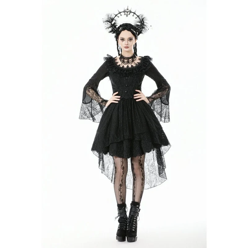 Gothic-Kleid mit Spitze, Rüschenkragen und ausgestellten Ärmeln für Damen