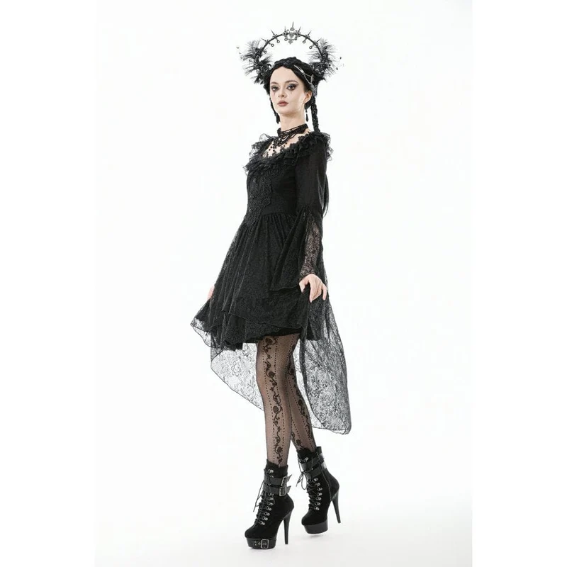 Gothic-Kleid mit Spitze, Rüschenkragen und ausgestellten Ärmeln für Damen