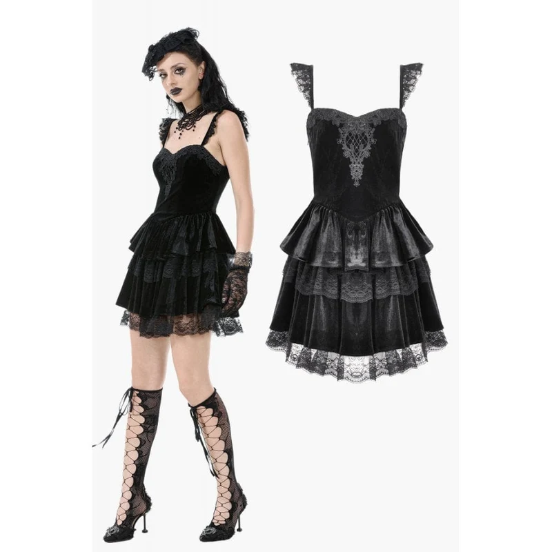 Gothic-Kleid für Damen, mehrlagig, aus Spitze und Samt, mit Blumenstickerei, Abschlusskleid