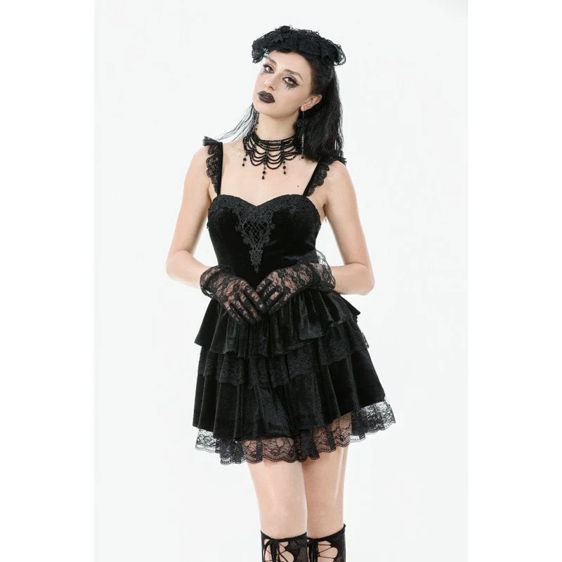 Gothic-Kleid für Damen, mehrlagig, aus Spitze und Samt, mit Blumenstickerei, Abschlusskleid