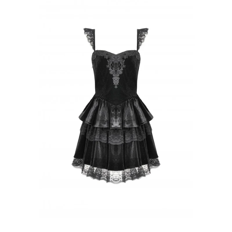 Gothic-Kleid für Damen, mehrlagig, aus Spitze und Samt, mit Blumenstickerei, Abschlusskleid