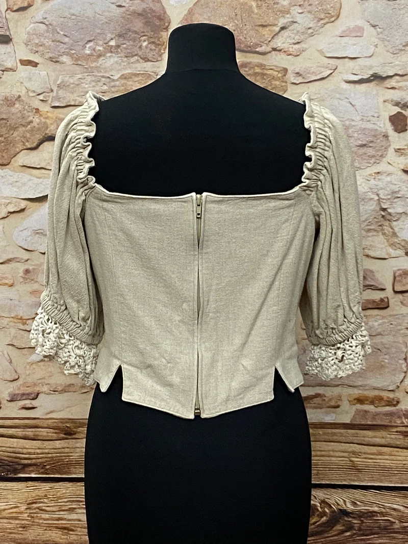 Vintage Trachtenmieder Damen Beige Schwarz Leinen Spitze Gr. 44