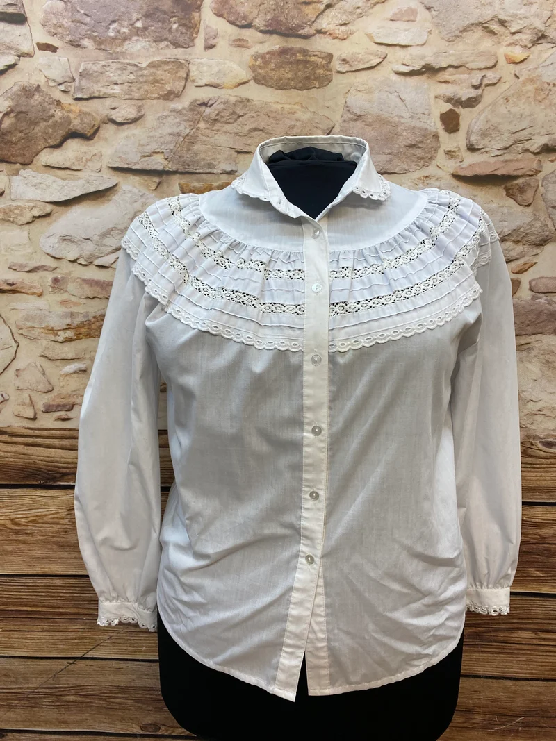 Vintage Bluse mit Spitzenbesatz, Weiß – Größe 46
