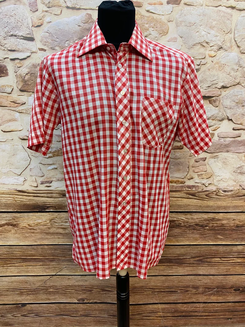 Vintage Herrenhemd rot weiß kariert Kurzarm Gr. 42
