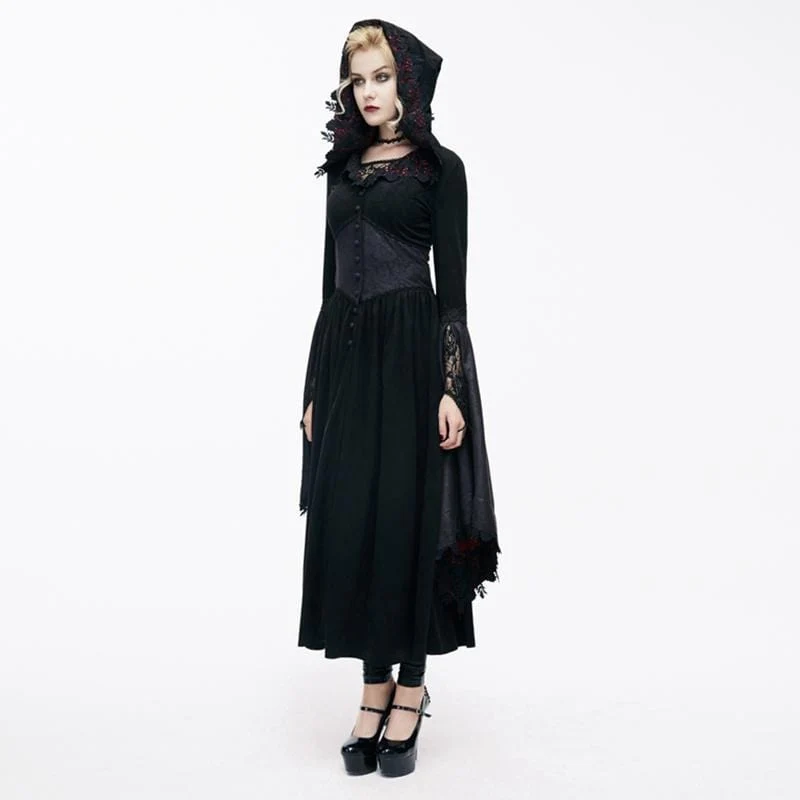 Damen Goth Knöchel Kleid Mit Kapuze und Engelsärmeln