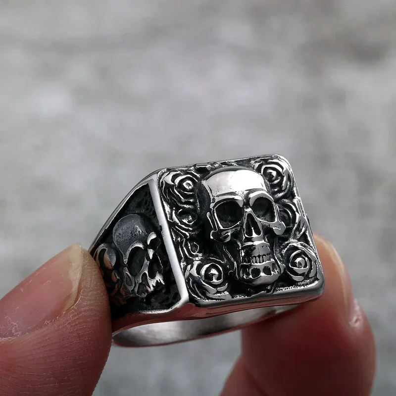 Punk-Totenkopf-Rosenring für Herren