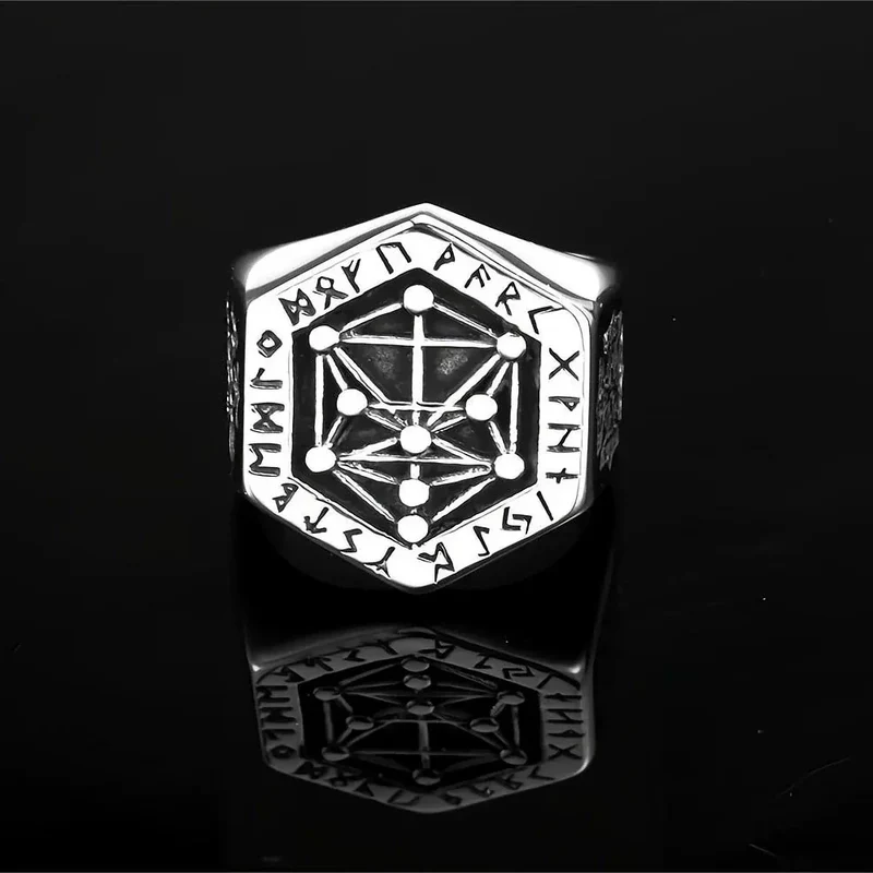 Punk-Ring für Herren mit nordischen Runen und geometrischem Sechseckmuster