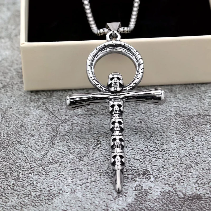 Punk-Halskette für Herren mit Ankh-Symbol und Totenkopf