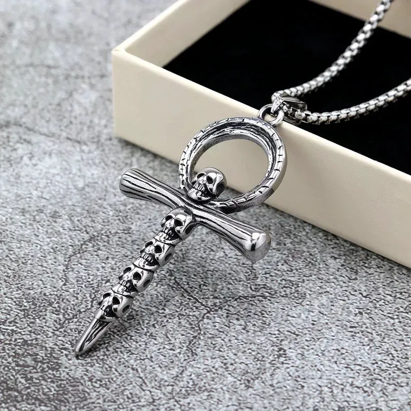 Punk-Halskette für Herren mit Ankh-Symbol und Totenkopf